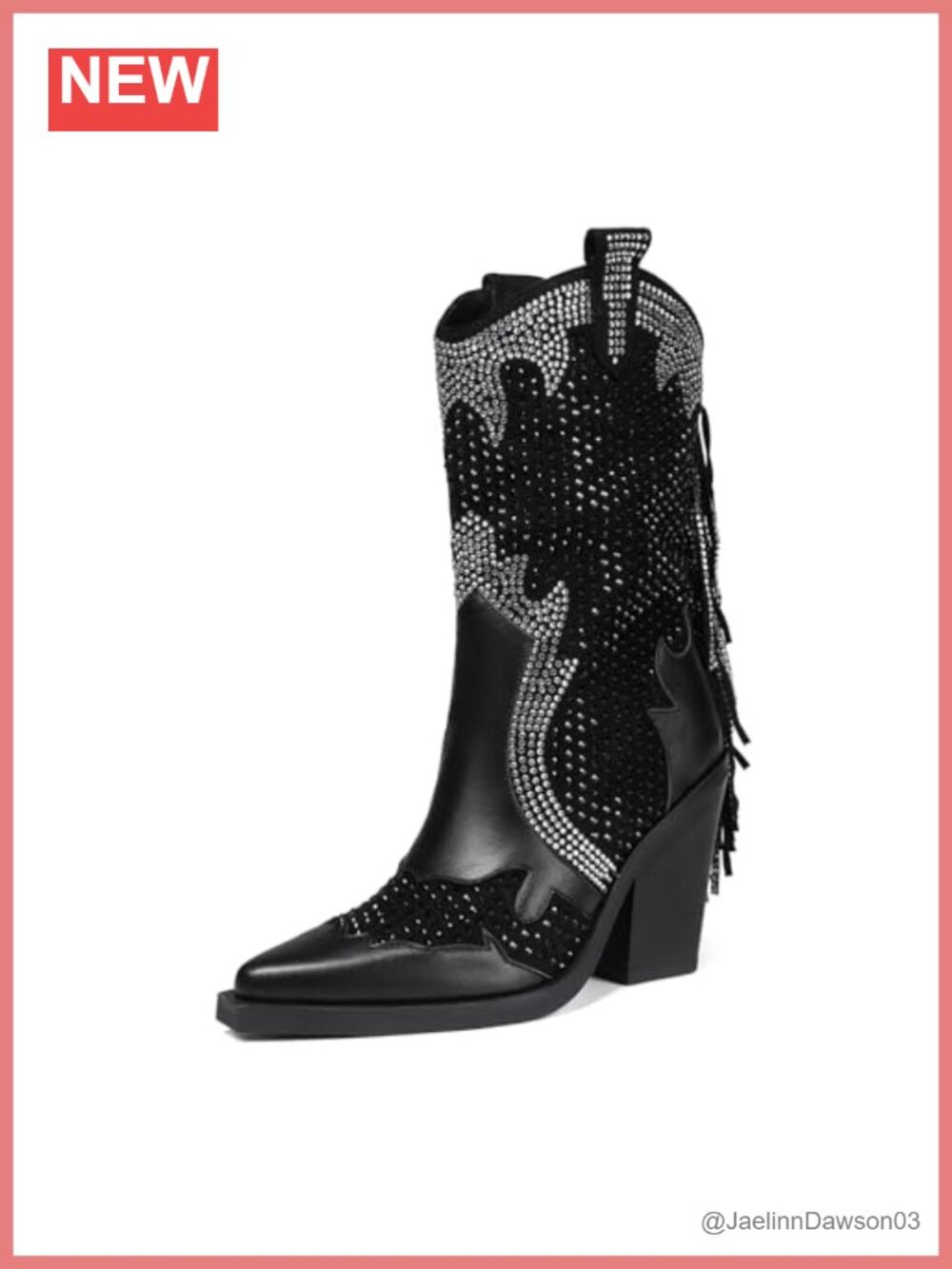 Womens Western Cowboy Boots Rhinestone Mid Wide Calf Chunky Heel Pointed Toe